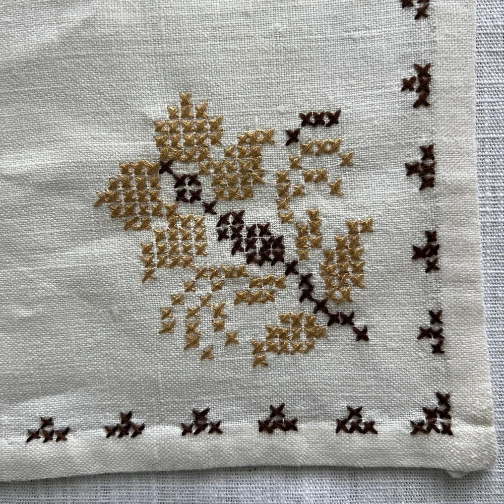 Vintage Mid Century Linen‎ Napkins Hand Embroidered Floral Set of Four